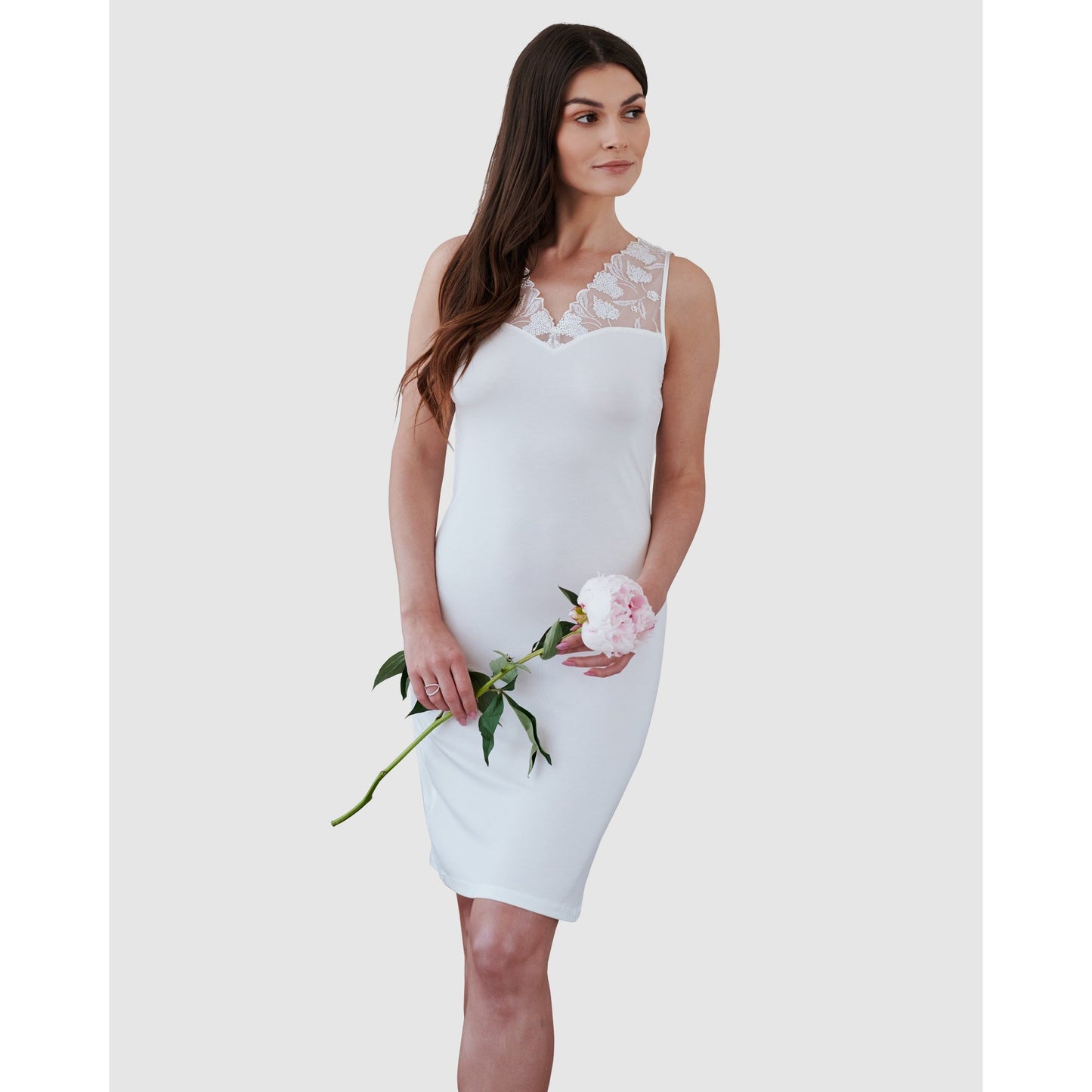 Women white short nightgown with viscose lace trim