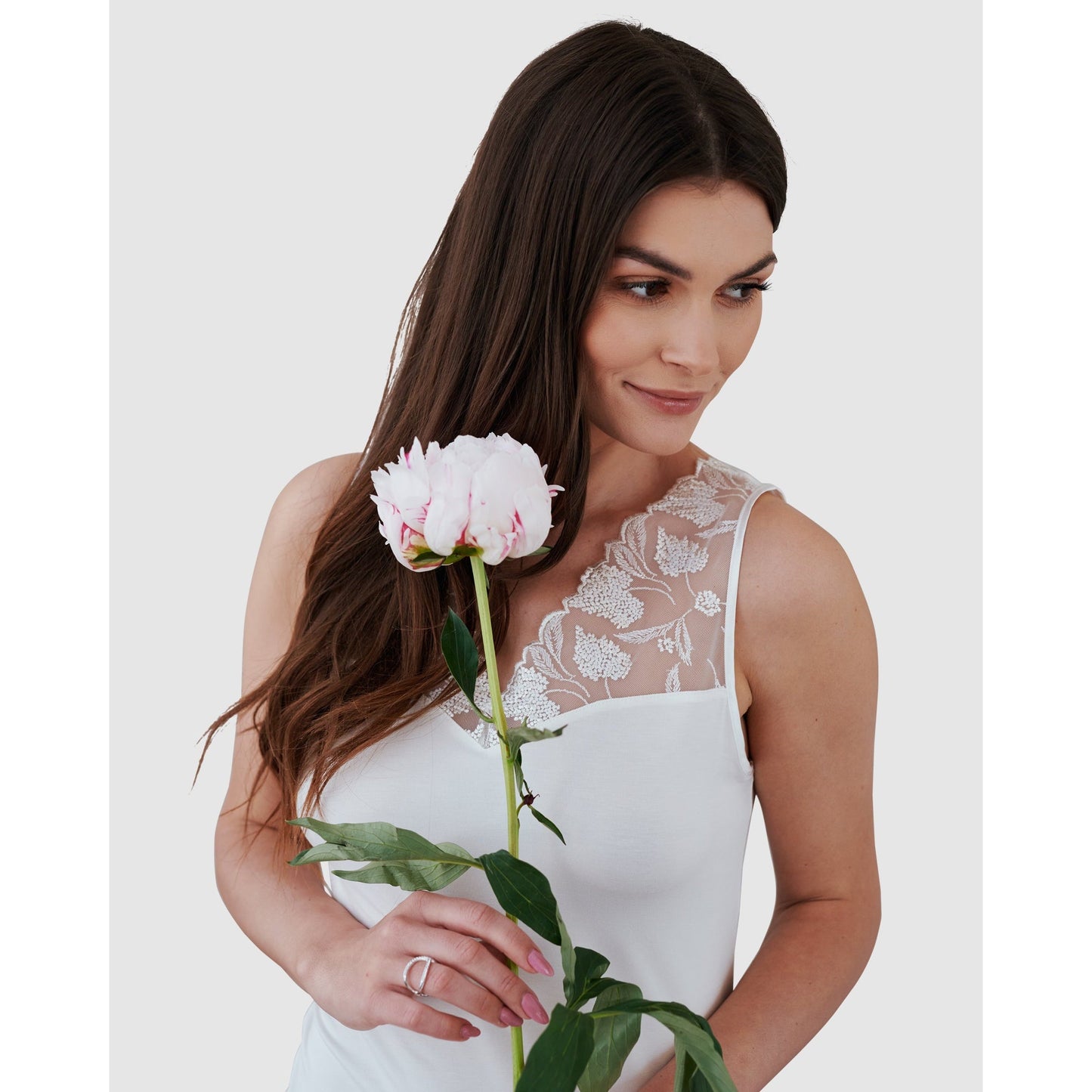 Women white short nightgown with viscose lace trim