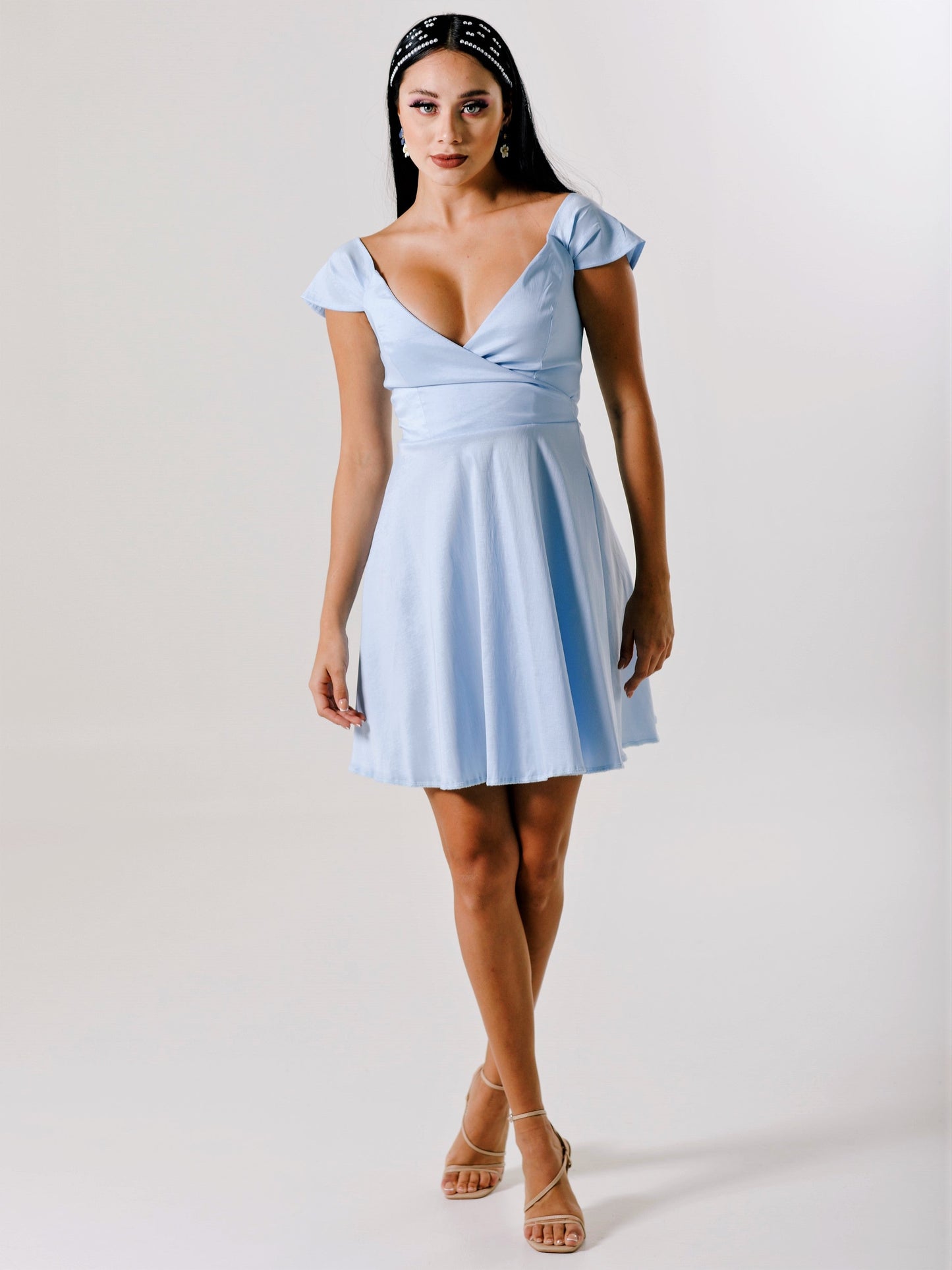 Sky blue short fitted dress with sleeves