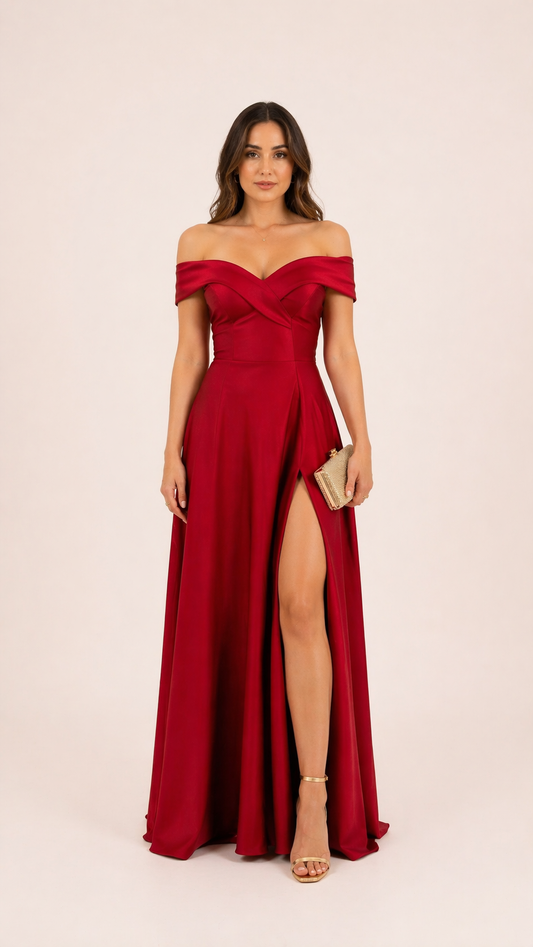 Crimson Elegance Off-Shoulder Slit Gown