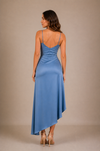 Dusty Blue Asymmetrical Wrap Satin Dress