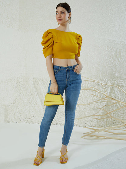 Women Puff Sleeves Styled Back Crop Top